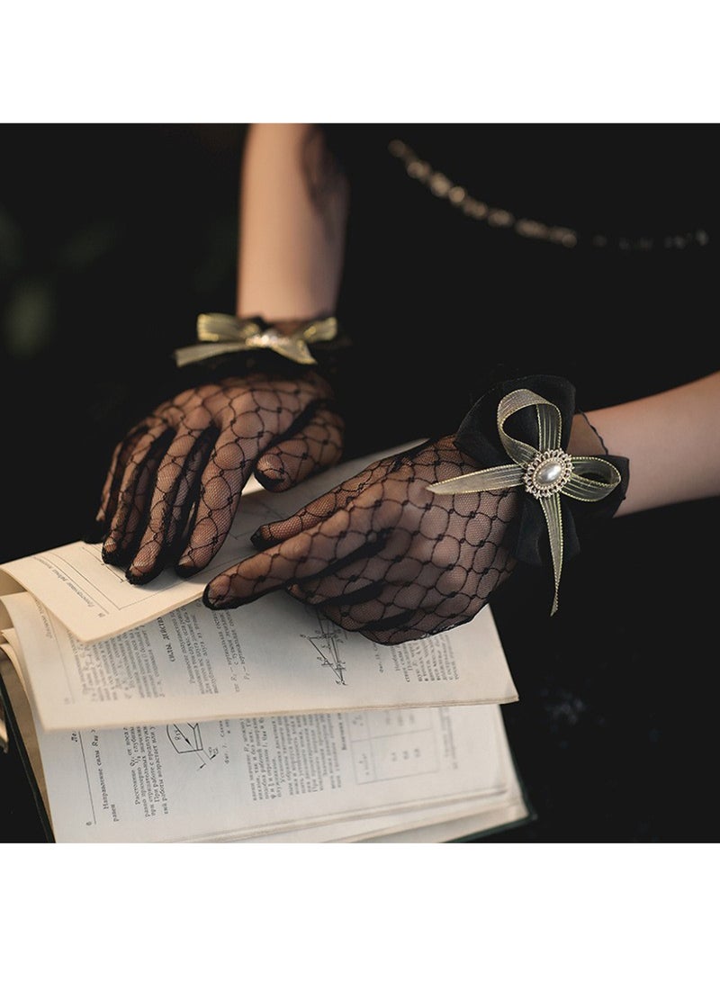 Women Bow Gloves Mesh Tea Party Glove Wedding Bridal Gloves  - Image 2