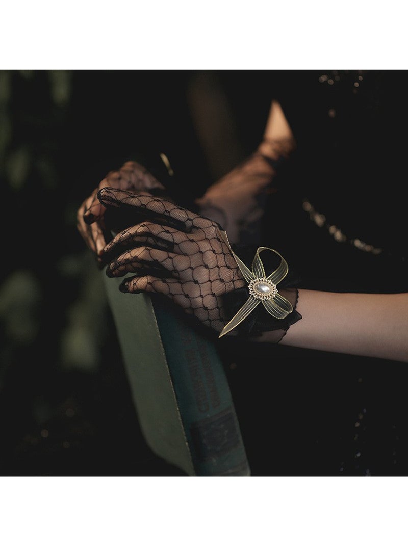 Women Bow Gloves Mesh Tea Party Glove Wedding Bridal Gloves  - Image 1