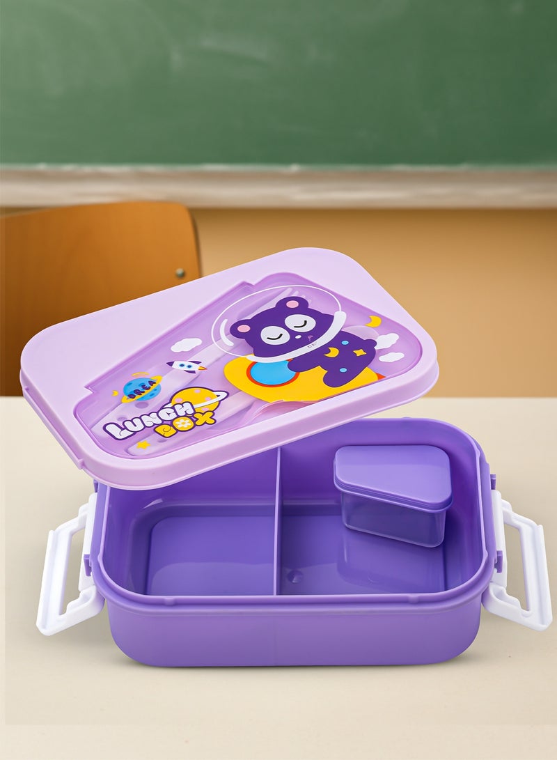 BAYBEE 750 ML Kids Lunch Box For Kids with 2 Compartments Bento Box for Kids & Toddlers With Spoon and Fork, Sauce container | Easy Clean Safe Leakproof School Tiffen Box For Kid Purple - Image 1