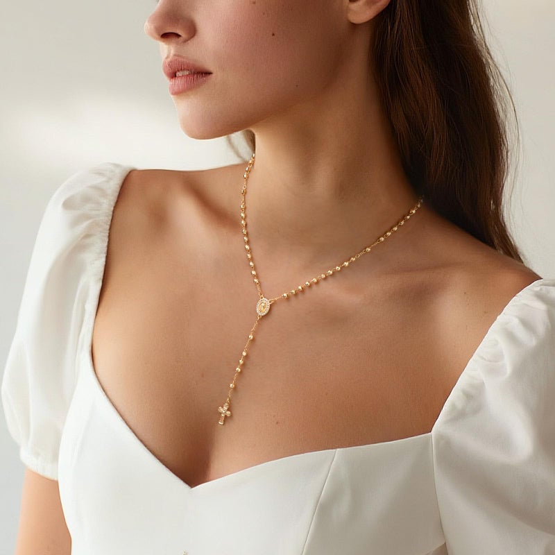 XUANPAI Women's Gold Virgin Mary Necklace - 14k Gold Plated Rosary Bead Cross Necklace,Hypoallergenic Non Tarnish Gold Catholic Y Chain Necklaces,Religious Rosary Beads Crucifix Jewelry Gift for Her - Image 3