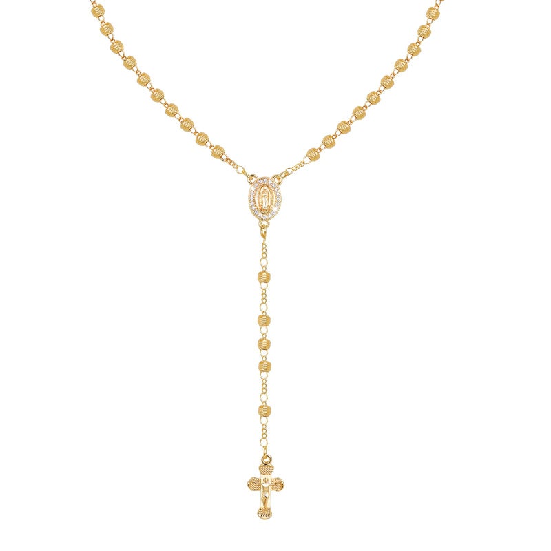 XUANPAI Women's Gold Virgin Mary Necklace - 14k Gold Plated Rosary Bead Cross Necklace,Hypoallergenic Non Tarnish Gold Catholic Y Chain Necklaces,Religious Rosary Beads Crucifix Jewelry Gift for Her - Image 1
