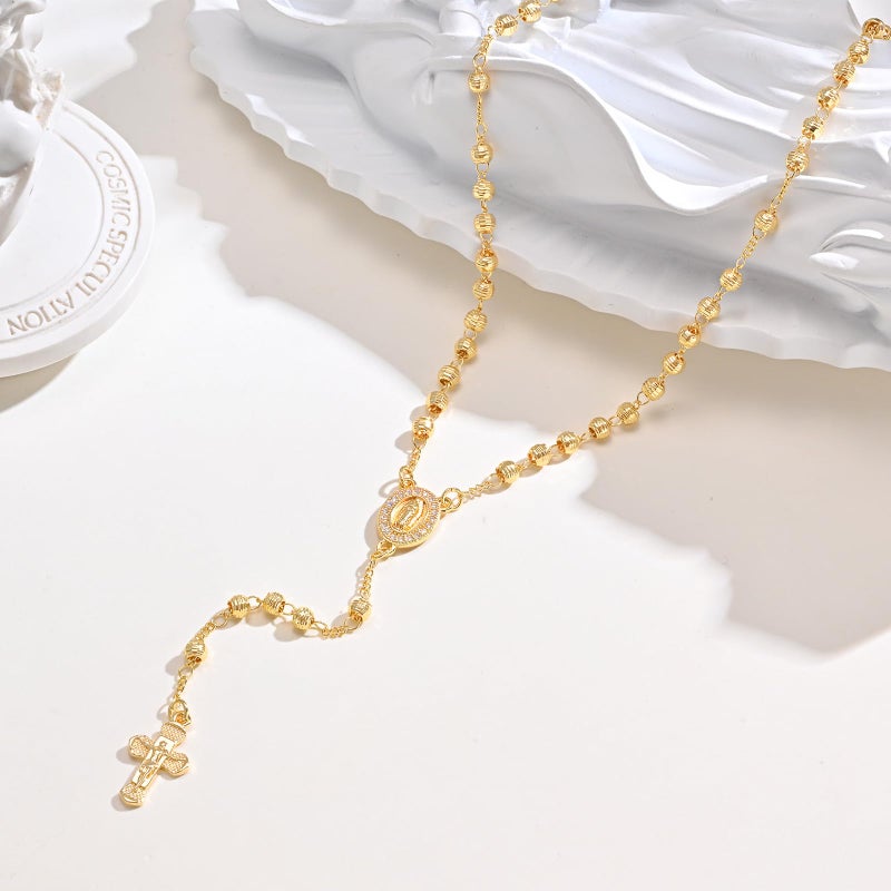 XUANPAI Women's Gold Virgin Mary Necklace - 14k Gold Plated Rosary Bead Cross Necklace,Hypoallergenic Non Tarnish Gold Catholic Y Chain Necklaces,Religious Rosary Beads Crucifix Jewelry Gift for Her - Image 5