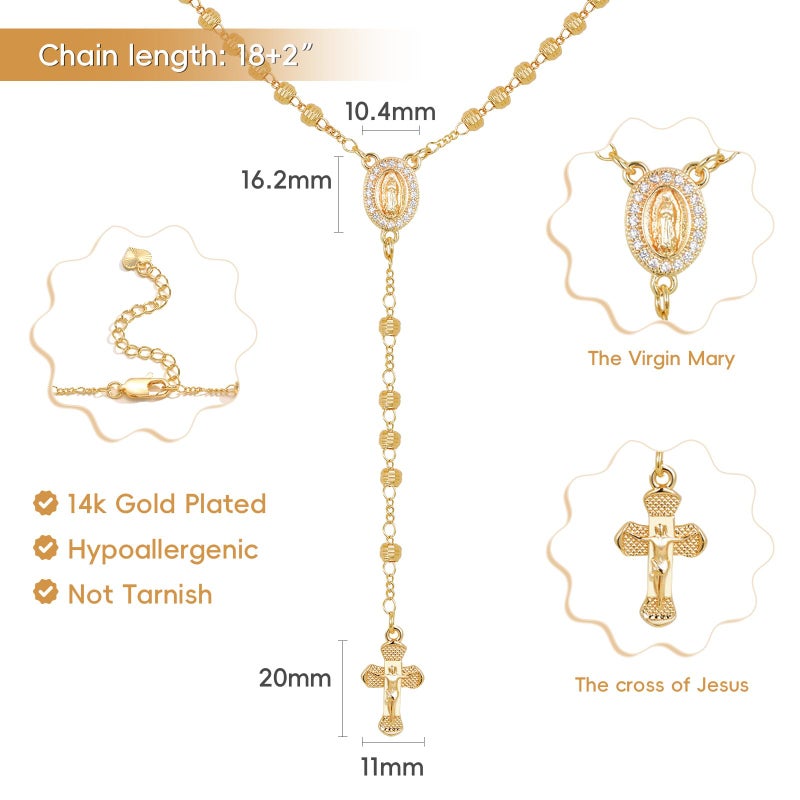 XUANPAI Women's Gold Virgin Mary Necklace - 14k Gold Plated Rosary Bead Cross Necklace,Hypoallergenic Non Tarnish Gold Catholic Y Chain Necklaces,Religious Rosary Beads Crucifix Jewelry Gift for Her - Image 4