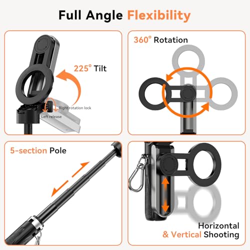 CloudValley Magnetic Mini Selfie Stick Tripod, 4-in-1 Pocket Size Phone Tripod with 360° Rotation, Rechargeable Bluetooth Remote, Foldable Handle Grip, Compatible with MagSafe iPhone for Photo/Video - Image 3