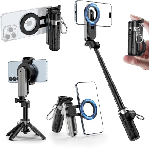 CloudValley Magnetic Mini Selfie Stick Tripod, 4-in-1 Pocket Size Phone Tripod with 360° Rotation, Rechargeable Bluetooth Remote, Foldable Handle Grip, Compatible with MagSafe iPhone for Photo/Video - Image 1