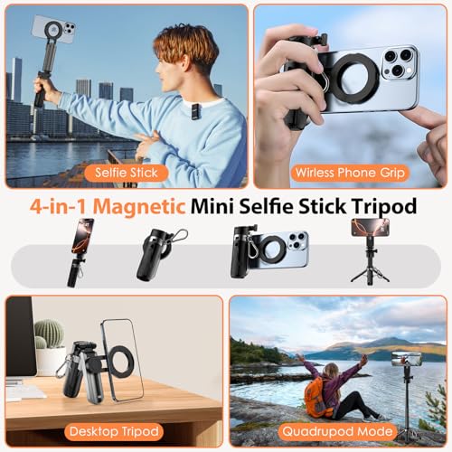 CloudValley Magnetic Mini Selfie Stick Tripod, 4-in-1 Pocket Size Phone Tripod with 360° Rotation, Rechargeable Bluetooth Remote, Foldable Handle Grip, Compatible with MagSafe iPhone for Photo/Video - Image 2