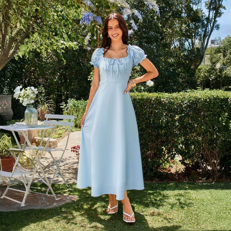 Elegant Plain Square Neck Tie-Waist A-Line Dress - Image 3