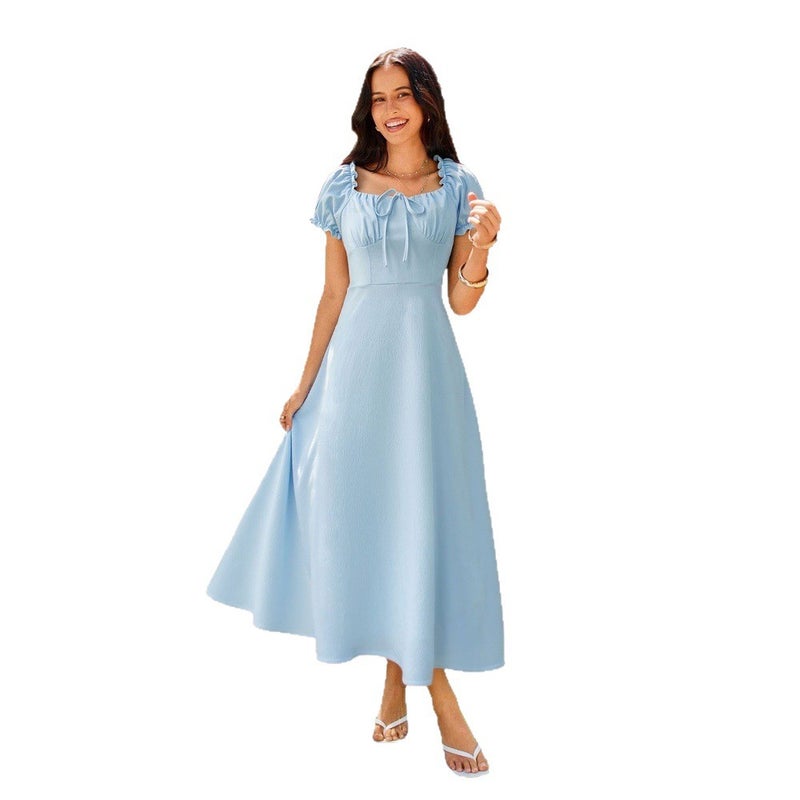 Elegant Plain Square Neck Tie-Waist A-Line Dress - Image 5