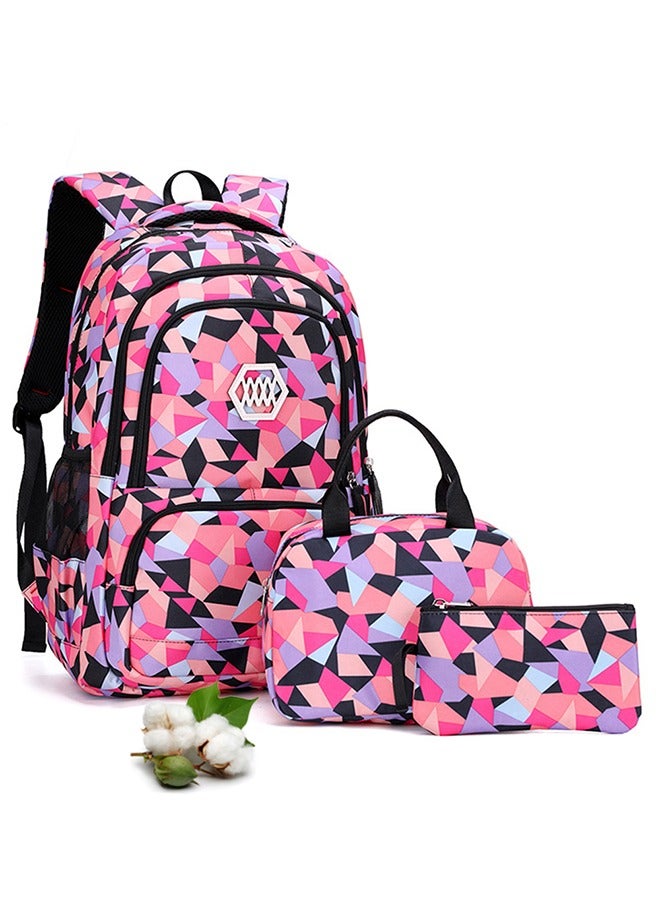HomarKet Geometric-Print Backpack and Lunch-Bag Set for Girls-Boys School Elementary Bookbags, 3Pcs Primary School Bag Backpack with Lunch Kit - Image 1