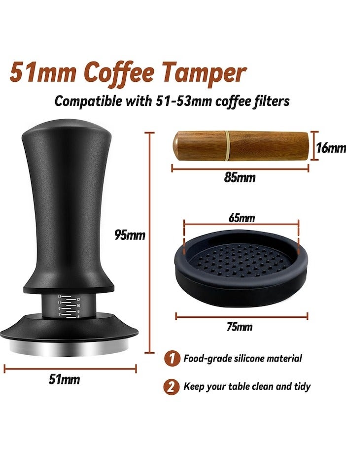 شو وو مكبس قهوة اسبريسو 51 مم مع أداة WDT معايرة محملة بنابض، مكبس قهوة مع حصيرة سيليكون، قاعدة مسطحة من الفولاذ المقاوم للصدأ بنسبة 100% لآلة صنع قهوة اسبريسو، 51 مم، أسود - Image 2