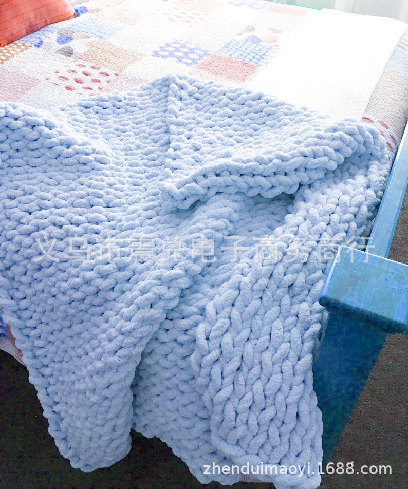 Chenille Chunky Knit Blanket Handmade Sky Blue 