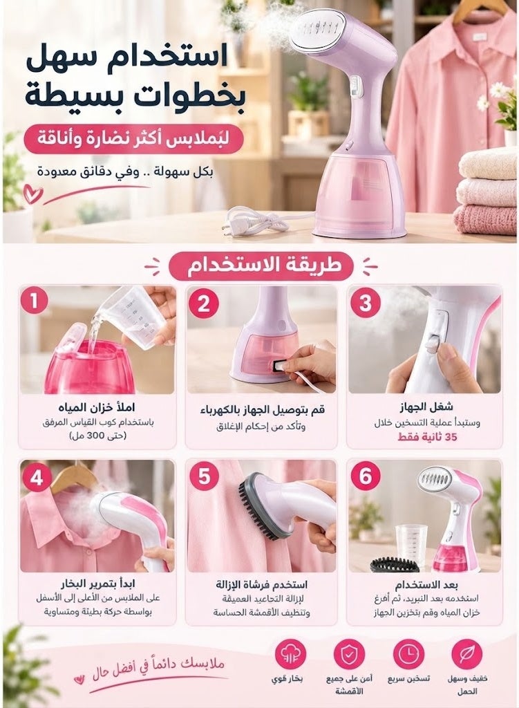 PRIMO PLUS Handheld Steam Iron – 0.28L, 1500W, Pink, Ideal for Clothes, Curtains, and Delicate Fabrics with Portable Lightweight Design for Home and Travel Use - Image 3