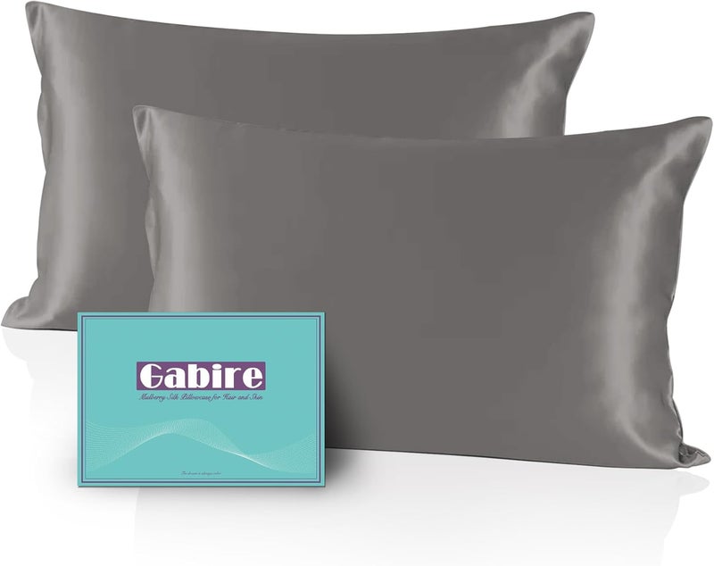 Gabire Mulberry Silk Pillow Cases Set of 2, Both Sides Real Silk Pillow Cover for Hair and Skin Cool Pillowcase Organic Silk Pillowcase 2 Pack with Hidden Zipper, Grey, Queen (20"×30") - Image 1