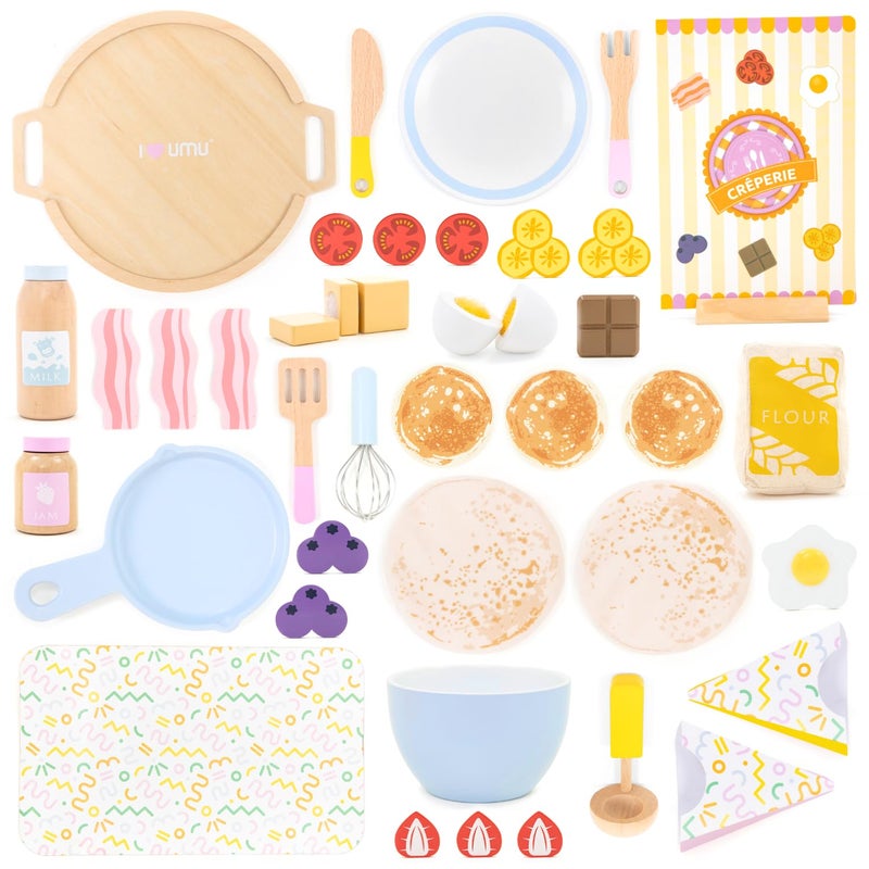 UMU Wooden Pancake Play Set 44 Pcs Pretend Cooking Toy with Pan Spatula Syrup Toppings More Kitchen Play Food Set for Kids Ages 3 4 5 - Image 3