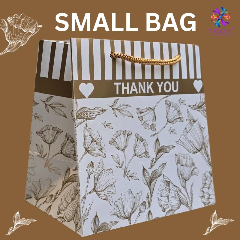 TASCHE Golden Floral Design Thank You Theme Paper Gift Bags for Return Gifts| Birthday | Holiday Presents (Pack Of 10 | 6x3x6 Inches) - Image 2