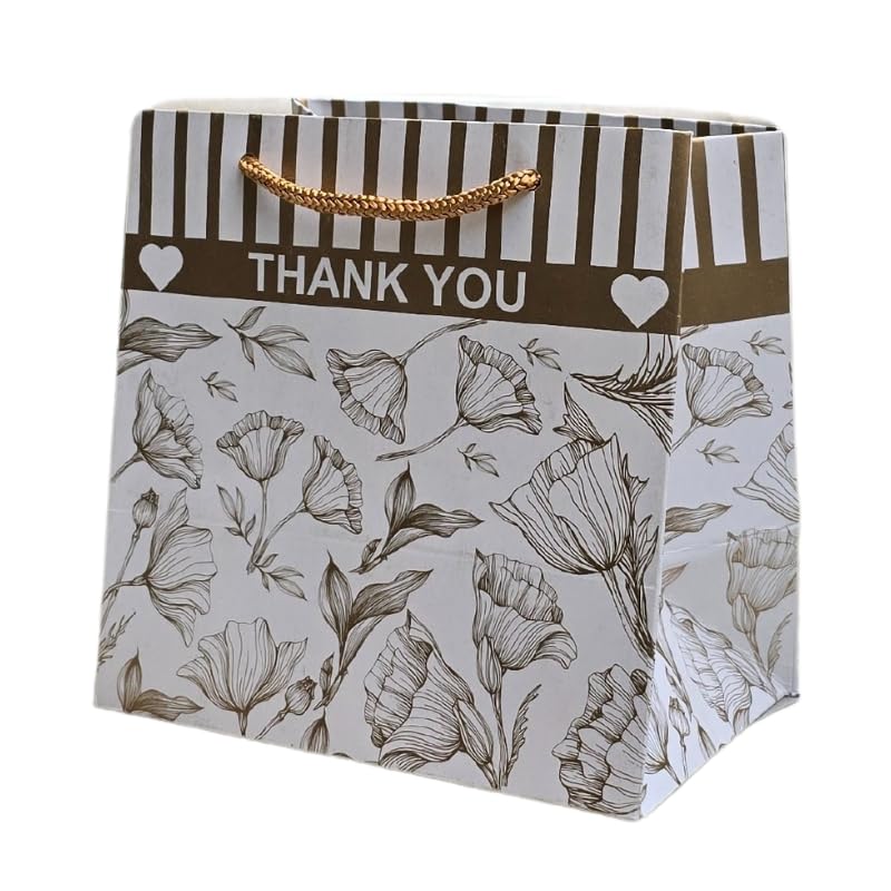 TASCHE Golden Floral Design Thank You Theme Paper Gift Bags for Return Gifts| Birthday | Holiday Presents (Pack Of 10 | 6x3x6 Inches) - Image 1