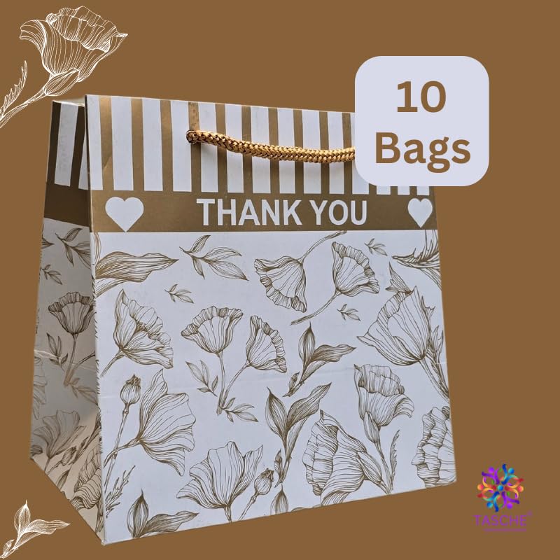 TASCHE Golden Floral Design Thank You Theme Paper Gift Bags for Return Gifts| Birthday | Holiday Presents (Pack Of 10 | 6x3x6 Inches) - Image 3