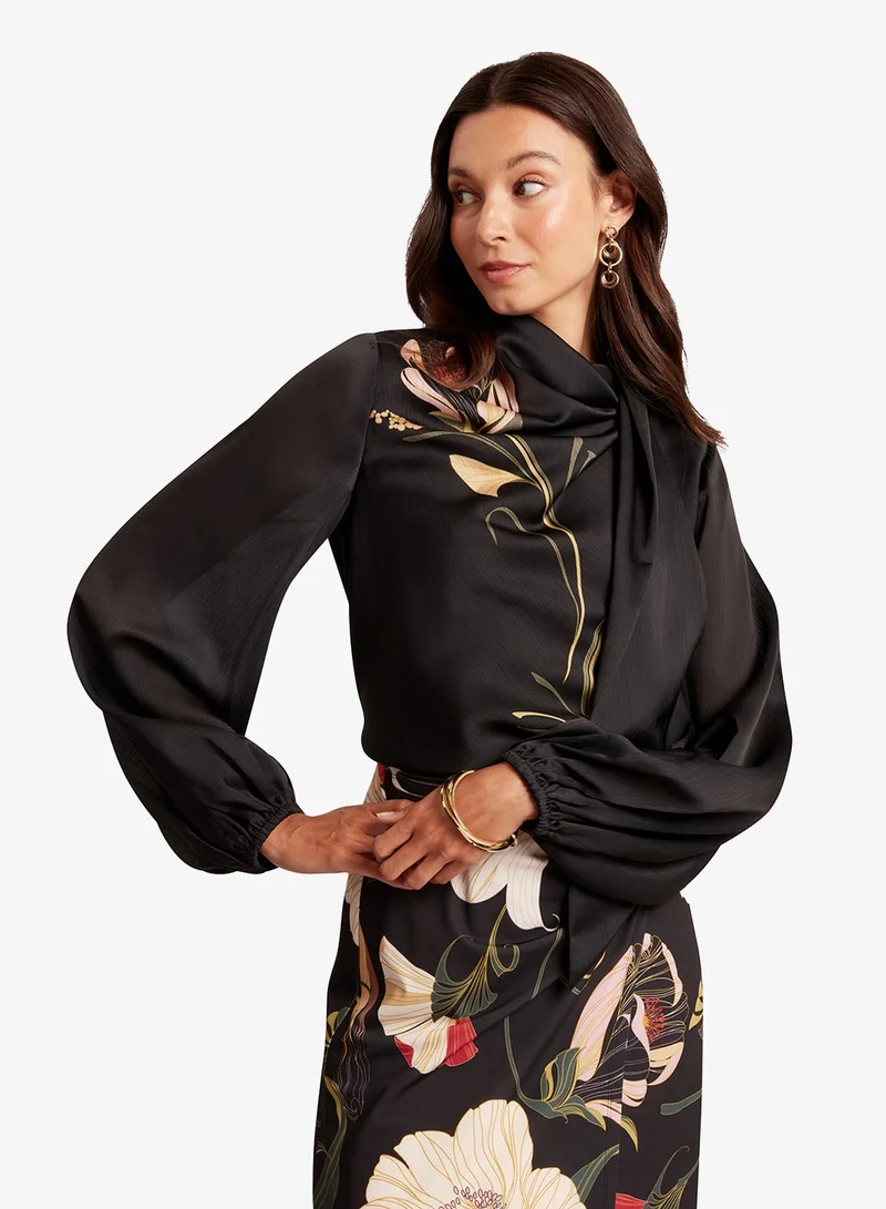 Neck Tie Printed Long Sleeve Top