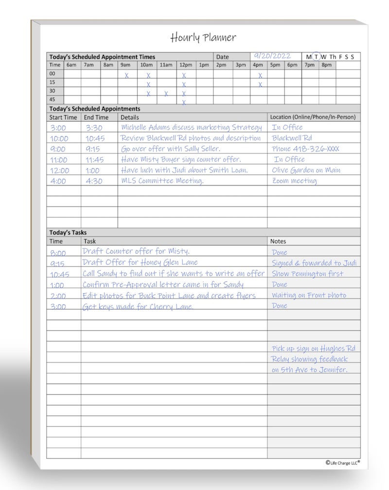 Life Charge Hourly Planner Notepad. 60 Page Planning Pad w/Appointment Time Block, Task Log List & Note Sections. For Office Work Schedule & Time Management. 8.5 X 11, A4 Sheets. - Image 1
