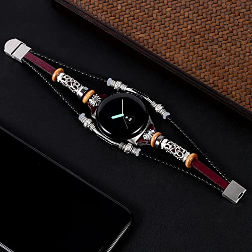 KONAFEI Compatible with Google Pixel Watch 2 (2023)/ Pixel Watch Band, Slim Handmade Leather Bracelets Boho Bead Metal Jewelry Retro Strap Wristband Accessories for Women and Men, DB-Rose Red - Image 3
