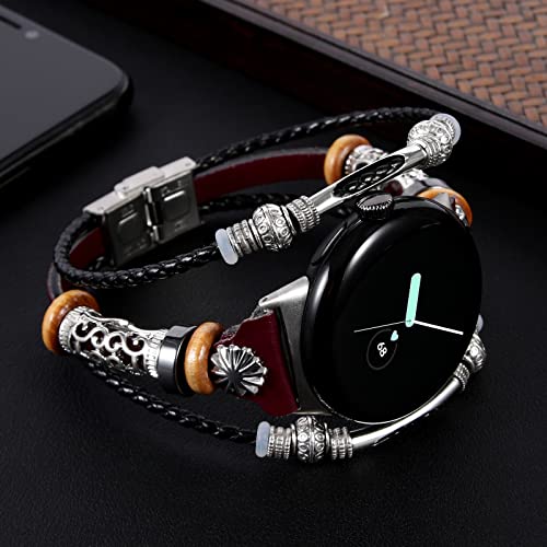 KONAFEI Compatible with Google Pixel Watch 2 (2023)/ Pixel Watch Band, Slim Handmade Leather Bracelets Boho Bead Metal Jewelry Retro Strap Wristband Accessories for Women and Men, DB-Rose Red - Image 2
