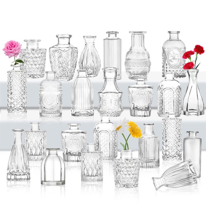 GLASS BUD VASE SET 24 SMALL FLOWER VASES FOR WEDDING CENTERPIECE TABLE DECORATIONS CLEAR VINTAGE EMBOSSED MINI FLOWER ARRANGEMENTS IN FOR PARTY OR HOME ROOM DECOR