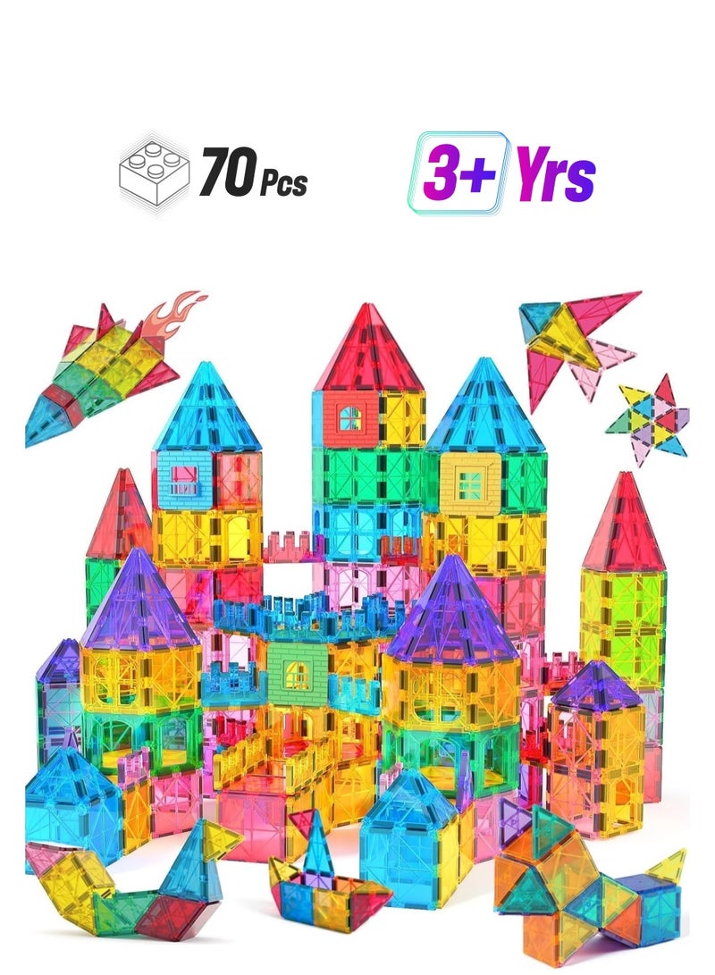 Magnetic Building Tiles, 70 Pcs 3D Magnetic Building Blocks Set for Kids, STEM Educational Preschool Magnet Toys for Toddlers Boys Girls - Image 1