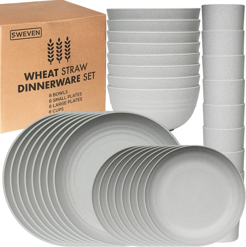 SWEVEN Wheat Straw Dinnerware Sets | Unbreakable Dinnerware Sets | Dishwasher Microwave Safe Dinnerware | Eco Friendly Non Breakable Dinnerware Sets | RV Outdoor Camping (Grey, Service for 8 (32 pcs)) - Image 1