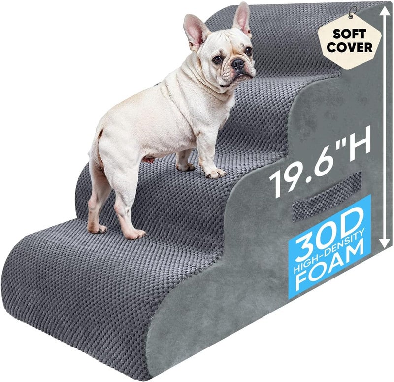 درج PAWSCART للكلاب الصغيرة والقطط، درج كلاب من 4 درجات للسرير، درج حيوانات أليفة بارتفاع 19.6 بوصة للسرير المرتفع، منحدر للحيوانات الأليفة للأريكة، سطح غير قابل للانزلاق، غطاء قابل للإزالة والغسيل، رمادي - Image 1