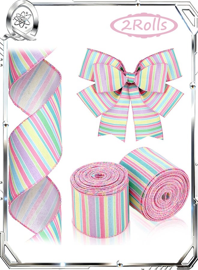Quantum 2 PCS Ribbon Wrapping, Colorful Canvas Fine Stripes, Horizontal Stripe Wired Edge Ribbon for Wreaths, Crafts Garlands Gift Wrapping - Image 1