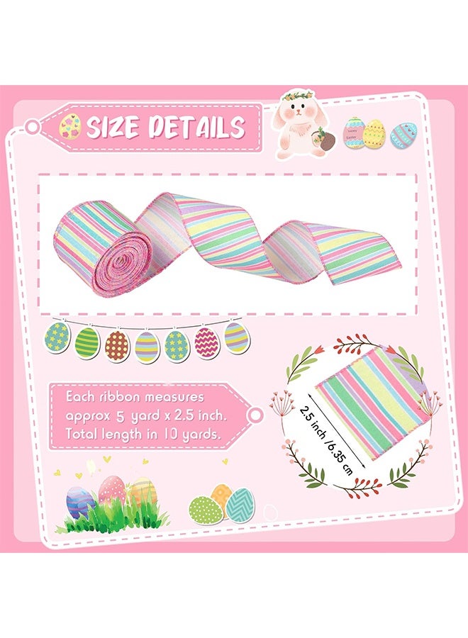 Quantum 2 PCS Ribbon Wrapping, Colorful Canvas Fine Stripes, Horizontal Stripe Wired Edge Ribbon for Wreaths, Crafts Garlands Gift Wrapping - Image 2