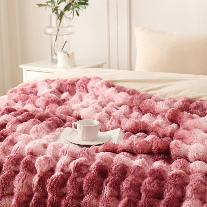 COOVA Faux Fur Throw Blanket for Couch, Cozy Soft and Fuzzy Plush Rabbit Fur Bubble Blanket for Sofa Bedroom Living Room, 50x60 Inches Tie Dye Magenta - Image 3