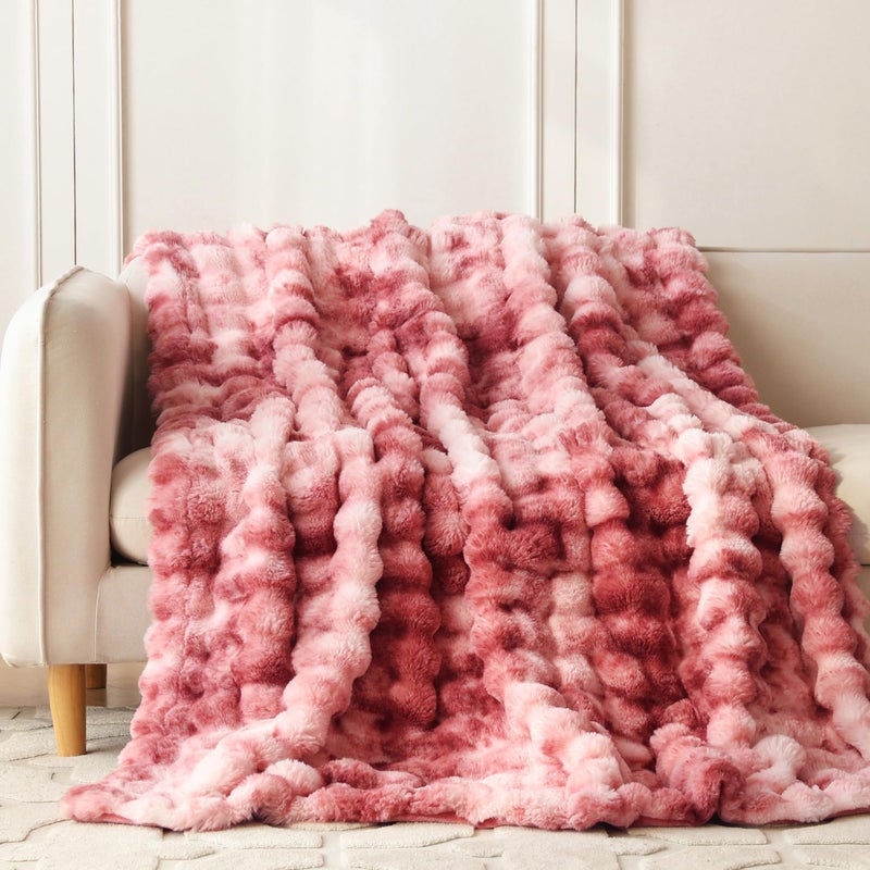 COOVA Faux Fur Throw Blanket for Couch, Cozy Soft and Fuzzy Plush Rabbit Fur Bubble Blanket for Sofa Bedroom Living Room, 50x60 Inches Tie Dye Magenta - Image 2