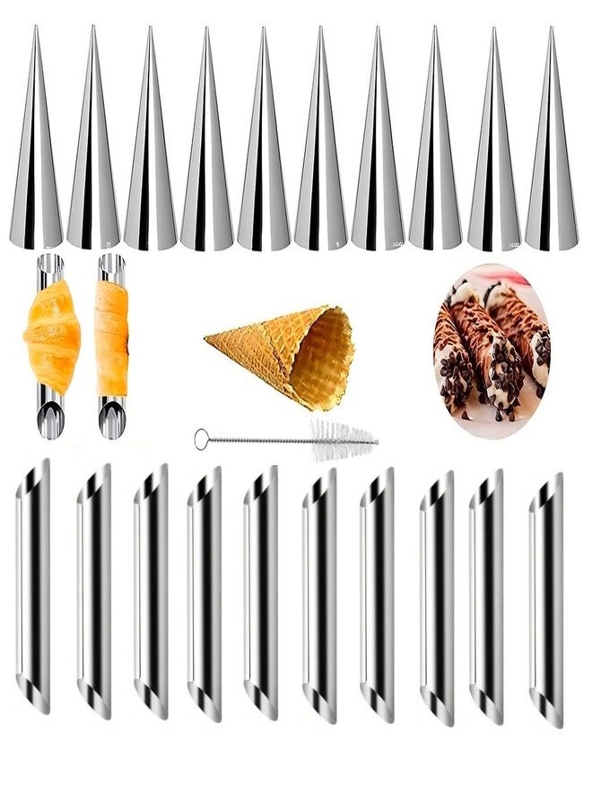 ZENSEWEN 21Pcs Stainless Steel Conical Cream Horn Molds, Non-Stick Cream Horn Molds, 5 inch Large Size Cannoli Tubes Kit Pack of Baking Cones Pastry Roll Horn Croissant Mold with Brush - Image 1