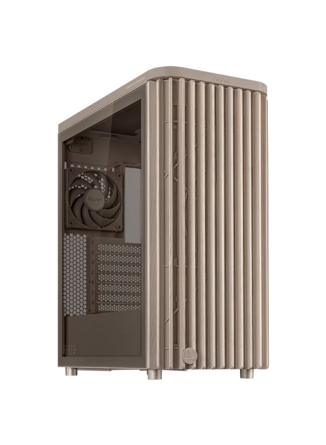 ASUS ProArt PA401 Wood Edition Mid-Tower PC Case – Beige Ash Wood Front, Tempered Glass, ATX, USB-C/USB-A, Pre-Installed Fans, Tool-Free Bays, RGB Ready, 315mm GPU, 160mm CPU Cooler, Beige | 90DC00M7-B39010 - Image 1