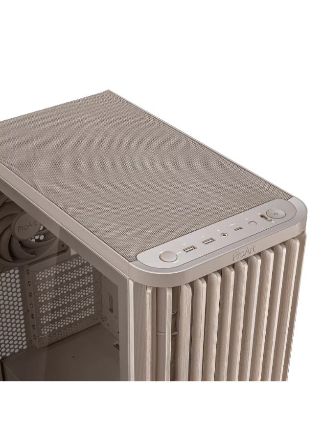 ASUS ProArt PA401 Wood Edition Mid-Tower PC Case – Beige Ash Wood Front, Tempered Glass, ATX, USB-C/USB-A, Pre-Installed Fans, Tool-Free Bays, RGB Ready, 315mm GPU, 160mm CPU Cooler, Beige | 90DC00M7-B39010 - Image 4