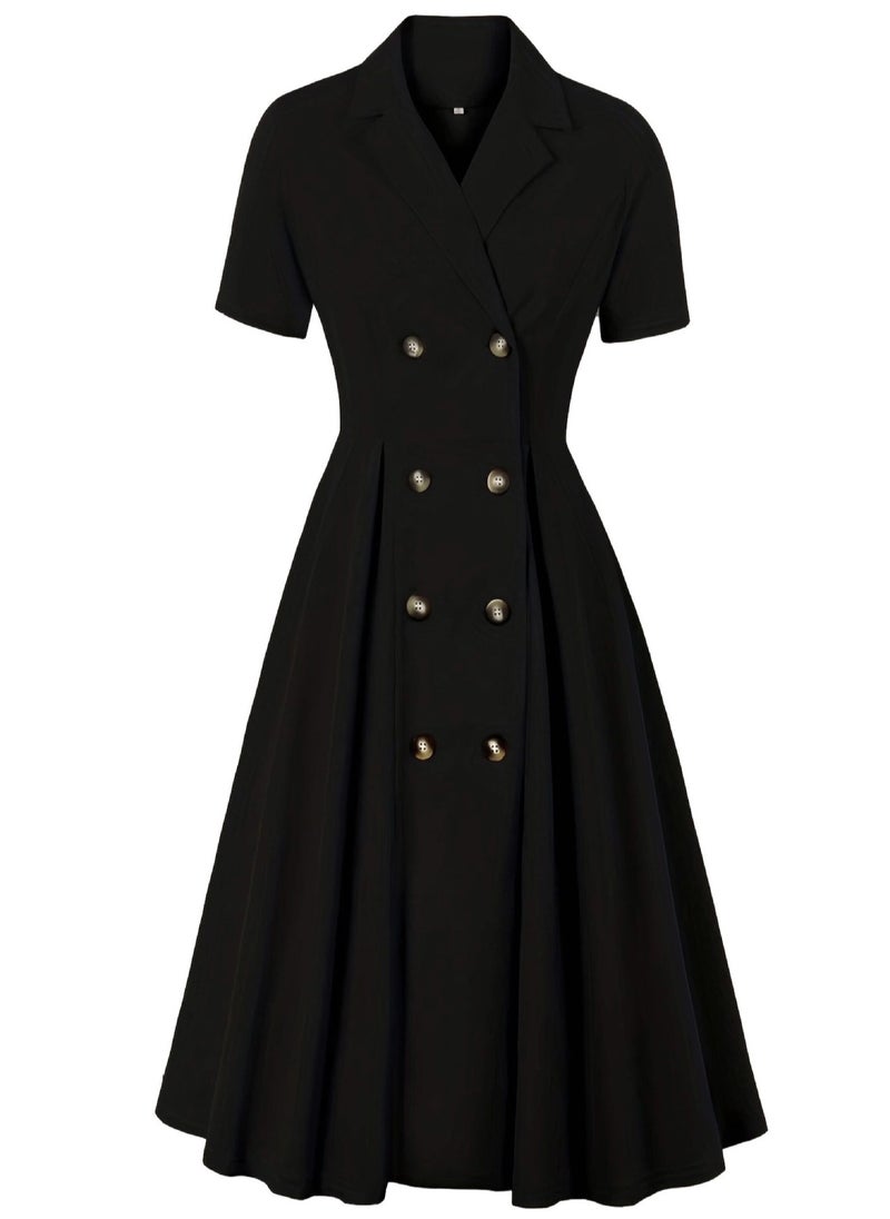Generic Elegant Button Detail Dress Black Work Casual Dress Cocktail Swing Dress  - Image 1