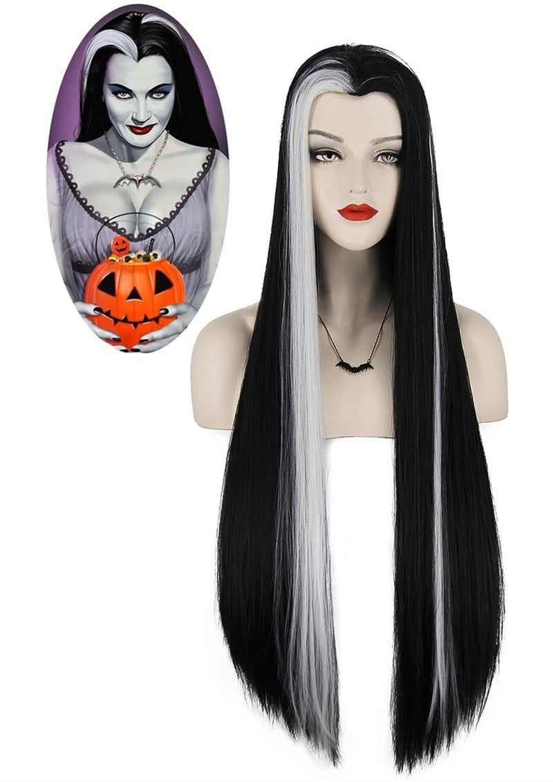 Mildiso Lily Munster Wig Long Wigs for Munster Costume Balck White Hair Wig with Wig Caps Cute Colored Wig for Party Halloween M086BW