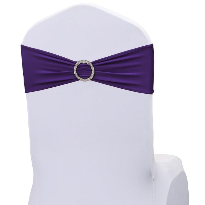 JKDMJF Purple Chair Sashes Bows - 50PCS Stretch Spandex Chair Sashes Bands with Buckles Slider Universal Elastic Chair Ties for Wedding Party Banquet Baby Shower Events Decoration - Image 1