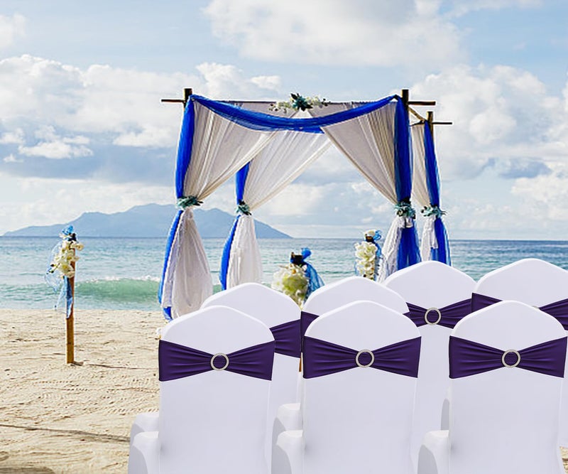 JKDMJF Purple Chair Sashes Bows - 50PCS Stretch Spandex Chair Sashes Bands with Buckles Slider Universal Elastic Chair Ties for Wedding Party Banquet Baby Shower Events Decoration - Image 2