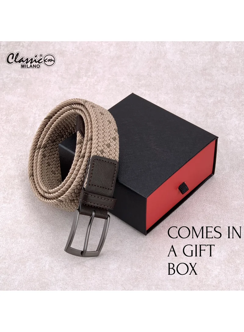 Classic Milano Beige (DWE-316) Classic Milano Braided Cotton Elastic Stretch Belt for Men & Women, Woven Canvas Web Belt with Gift Box, Adjustable Men's Belt | Full Length: 110CM (Free Size - Fits up to the waist of 40 Inches / 100 CM)  | Best Price UAE