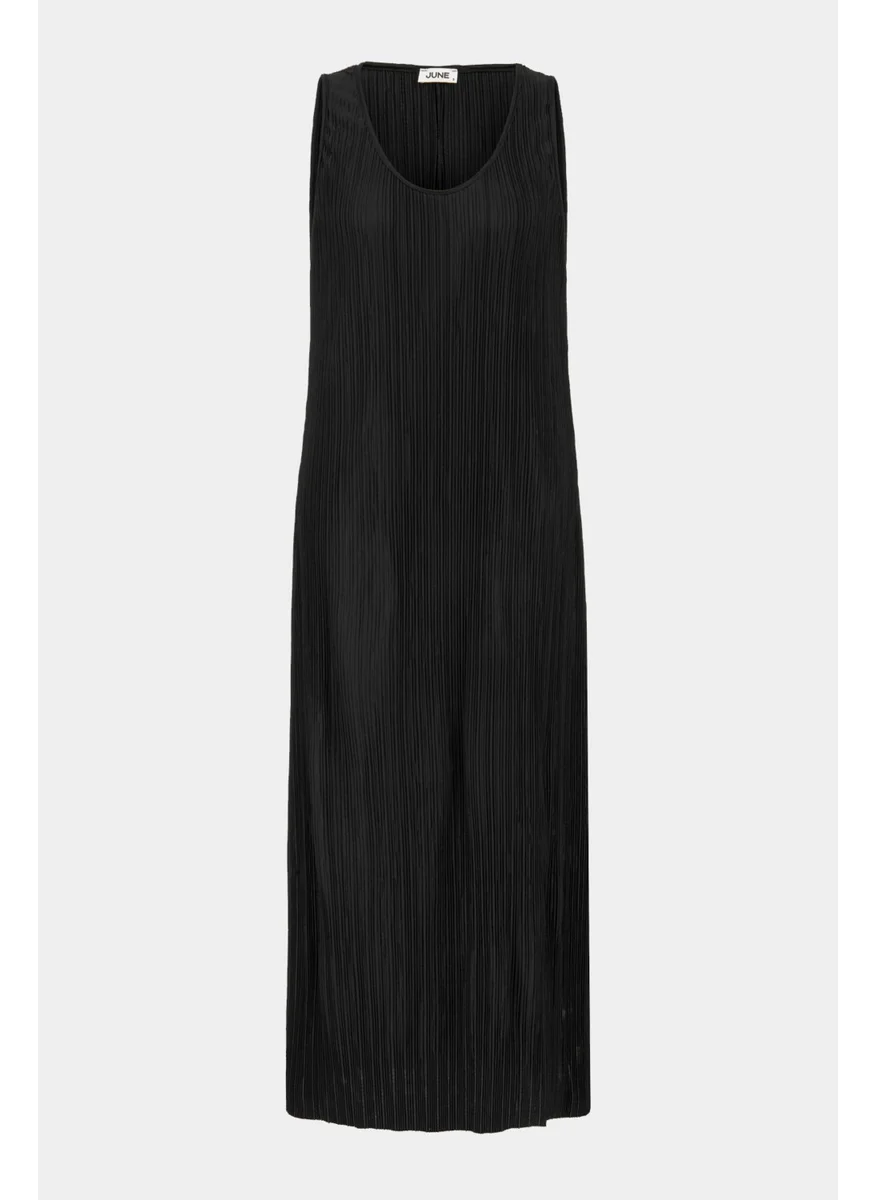 JUNE Women's V Neck Thick Strapped Pleated Fabric Midi Length Dress