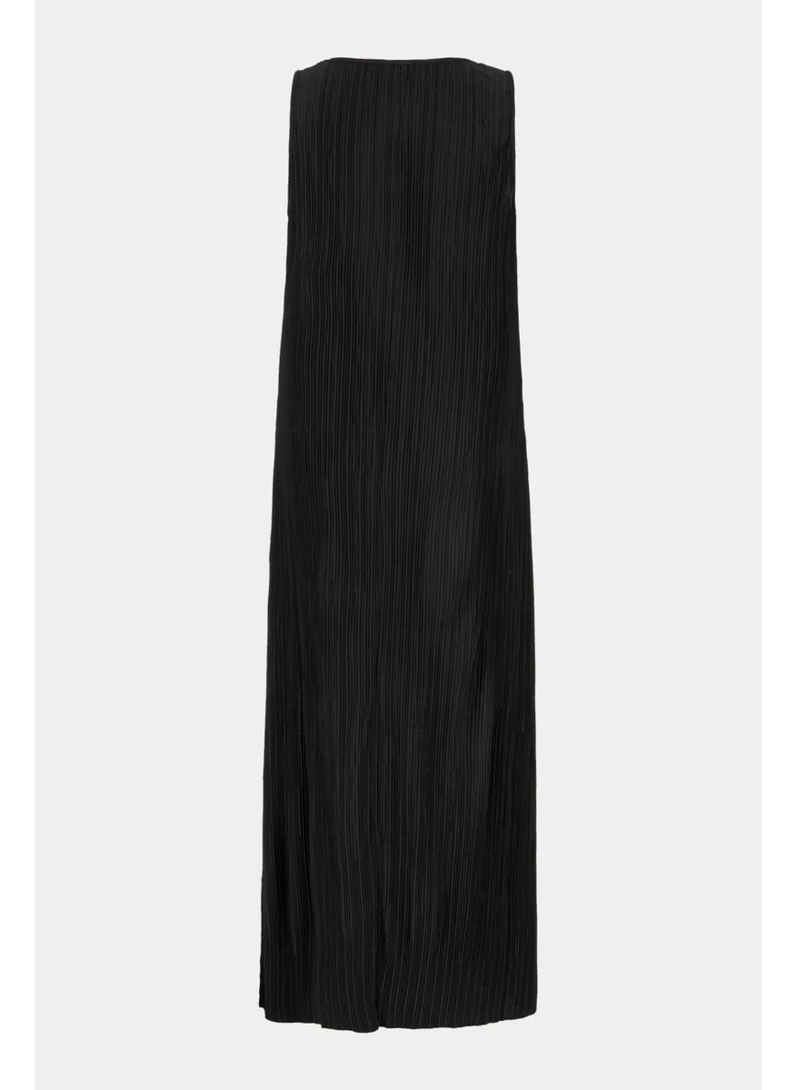 JUNE Women's V Neck Thick Strapped Pleated Fabric Midi Length Dress