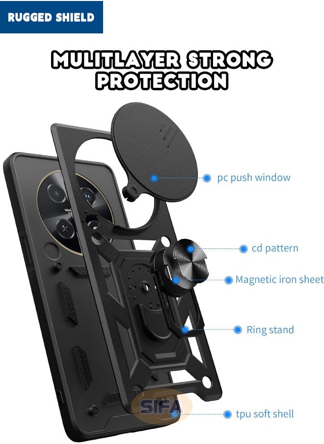 RUGGED SHIELD - Honor X9C 5G Case, Honor X9c Cover with Slide Camera Cover, Heavy Duty Shockproof Drop Protection Phone Case Cover with Ring Kickstand for Honor X9C 5G 6.78 inch, Black - Image 1