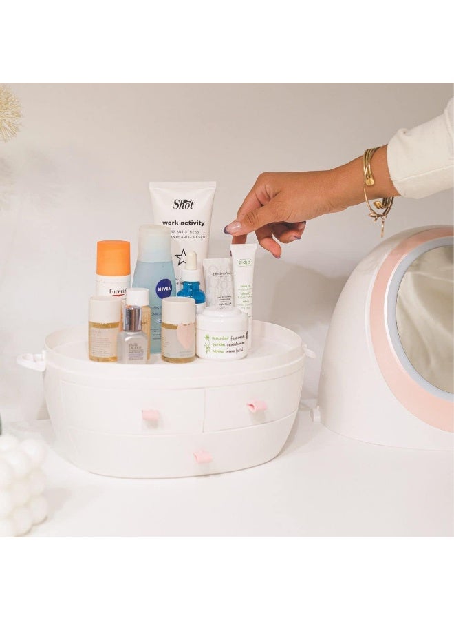 Cosmetic organizer with drawers and LED mirror, waterproof and dustproof, large capacity for storing cosmetics and jewelry. Stylish design for bathroom and bedroom. - Image 4