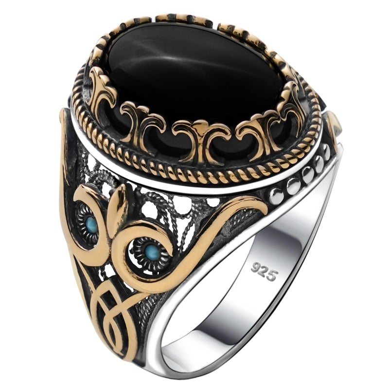 Mens Natural Black Onyx Stone Ring in Genuine Solid 925 Sterling Silver Accented with bronze Authentic Vintage Turkish Ottoman Style Gift for Men Natural Onyx 13