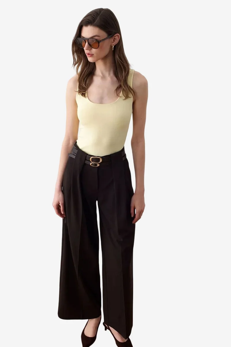 Dilvin Black DILVIN High-Waist Wide-Leg Pleated Trousers for Women | Best Price UAE