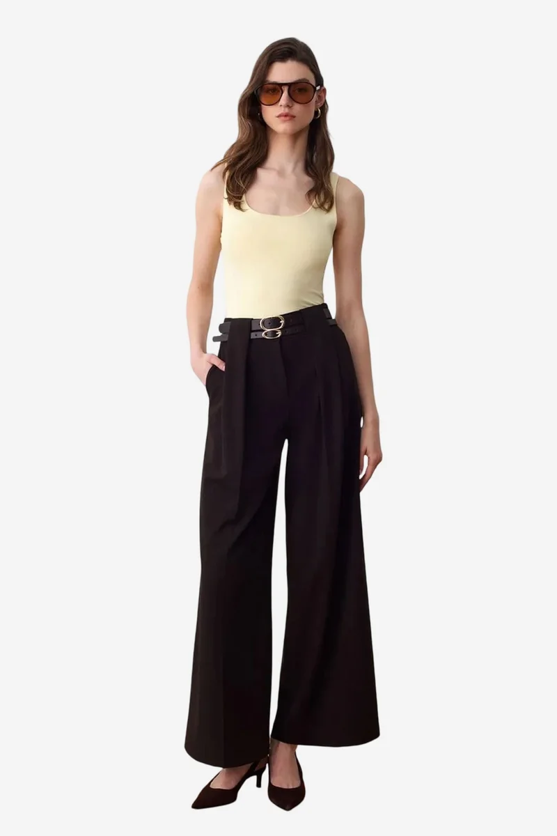 Dilvin Black DILVIN High-Waist Wide-Leg Pleated Trousers for Women | Best Price UAE