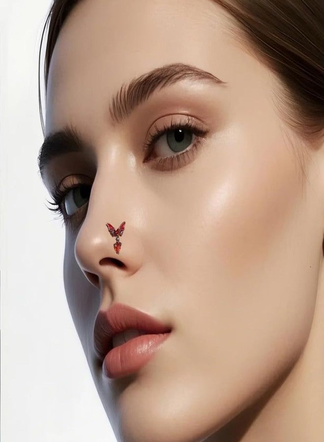 زينوفا، قطعتان، عيار 20، أقراط أنف متدلية على شكل قلب وخفاش مرصعة بالزركونيا المكعبة الحمراء، للنساء، مصنوعة من الفولاذ الجراحي 316L، أقراط أنف متدلية على شكل حرف L، مناسبة للهالوين، مجوهرات ثقب الأنف - Image 2