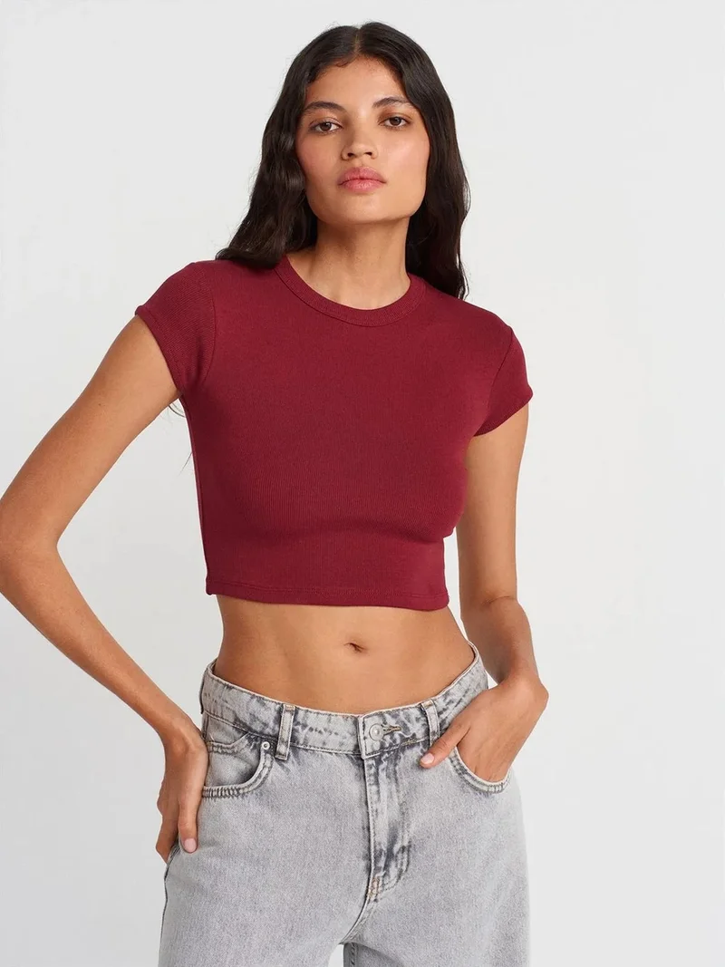 ديلفين DILVIN Women's Slim Fit Crop Crew Neck T-Shirt